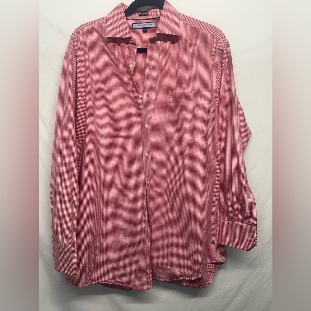 🇺🇸Tommy Hilfiger Ithaca Red & White regular fit button up dress shirt sz …‎